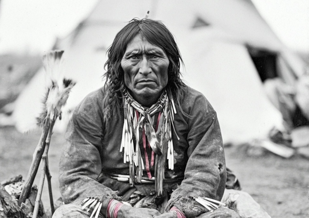 Indian sitting in front of teepee